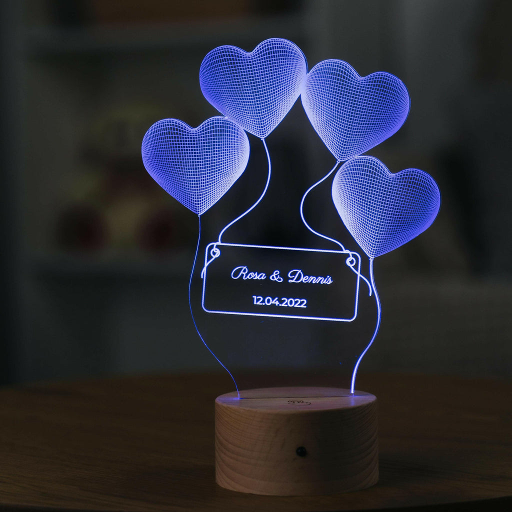 LED Stimmungslicht für Paare - Personalisiert - 3D Lampe mit Holzsockel - Ballonherzen - Image 4
