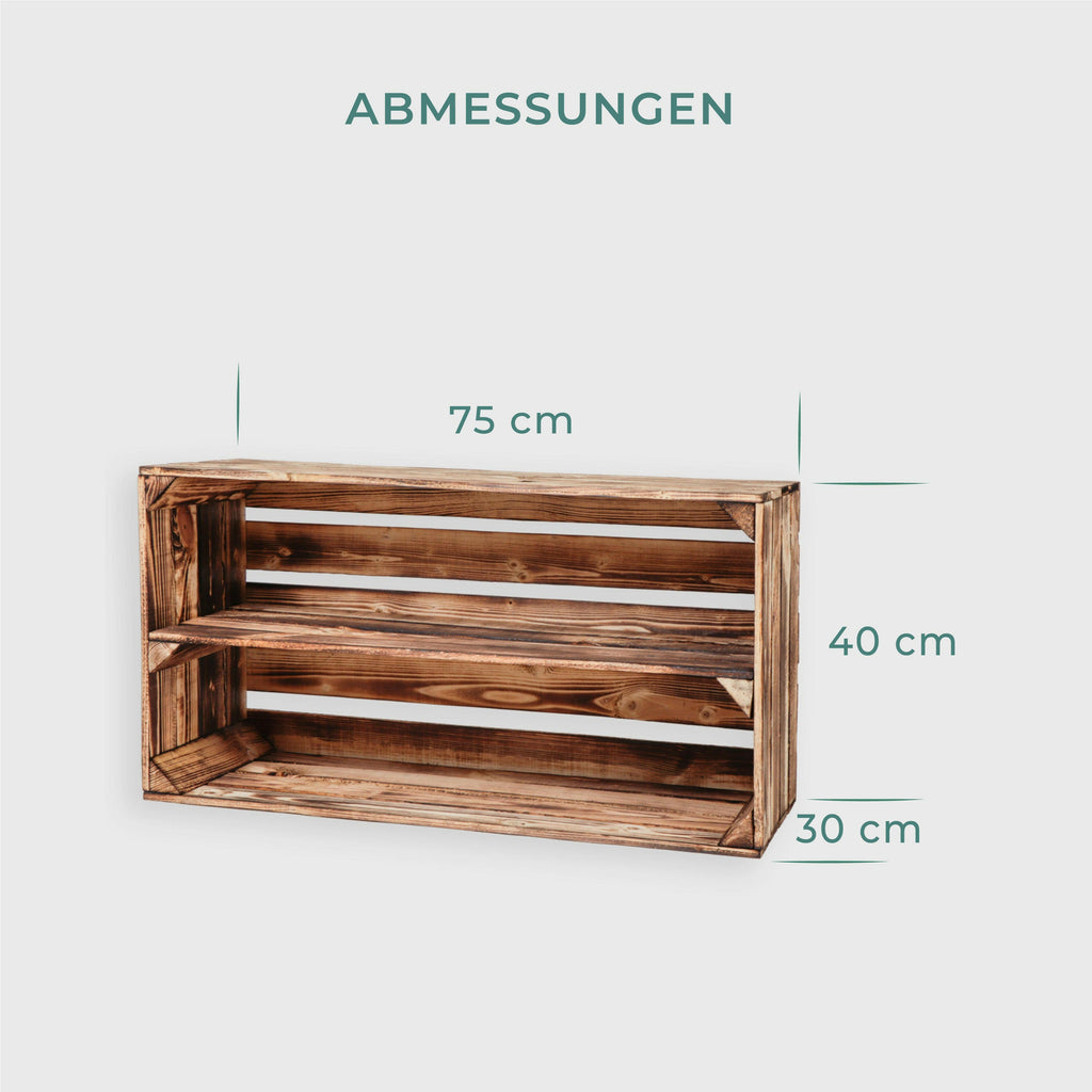 Große Vintage Holzkiste - ca. 75x40x30cm, Geflammt - Weinkiste mit Regalboden Lang | Möbelkiste - Schuhregal.