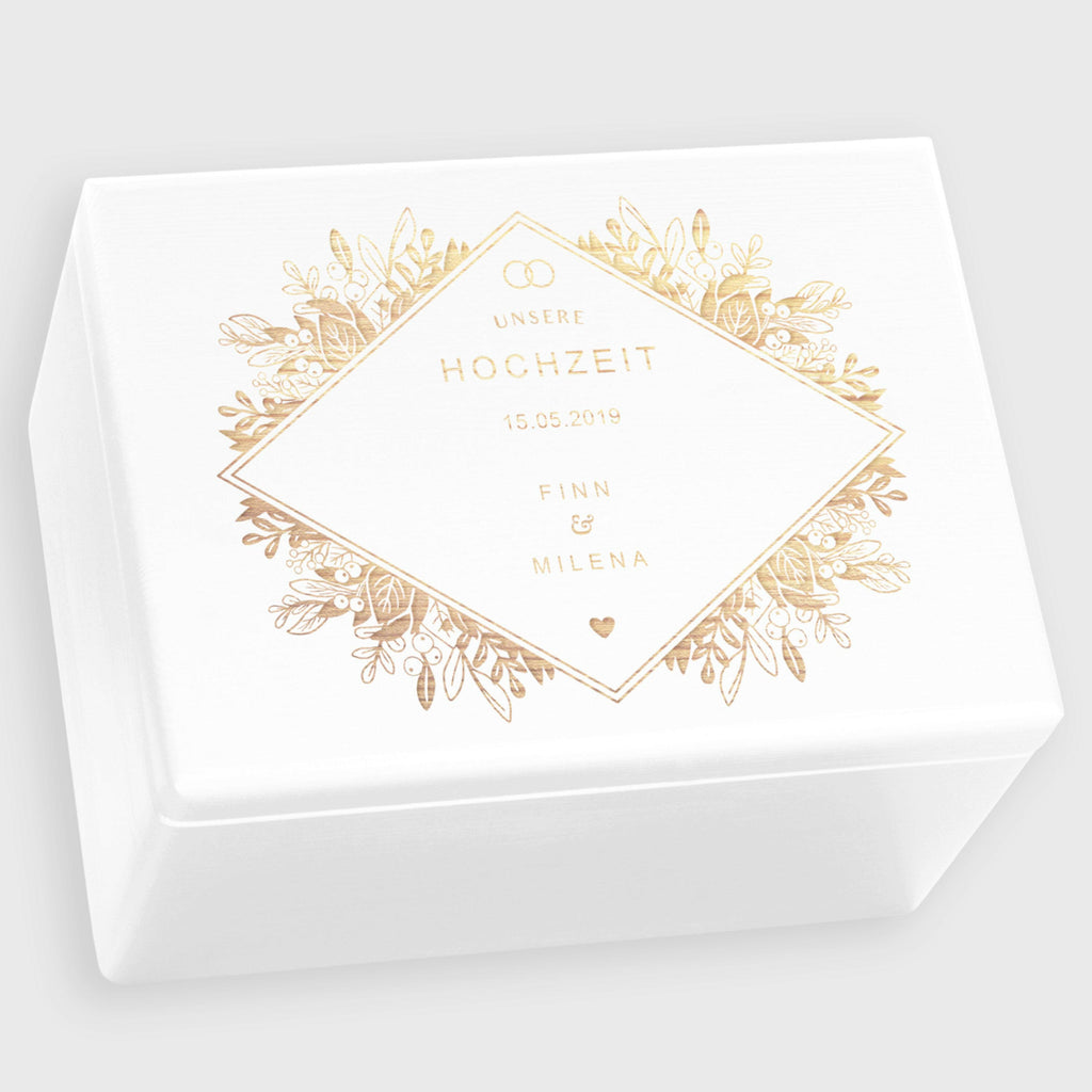 Erinnerungsbox zur Hochzeit - Florale Raute - Hochzeitskiste personalisiert mit Gravur - Holzkiste Weiß, FSC® - Image 13