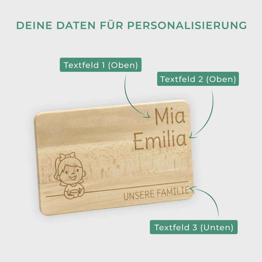 Frühstücksbrettchen für Kinder mit Gravur  - Personalisiert mit Namen - Kleine Tochter "Unsere Familie" | Holz Brettchen, natur - Geschenk von Eltern.