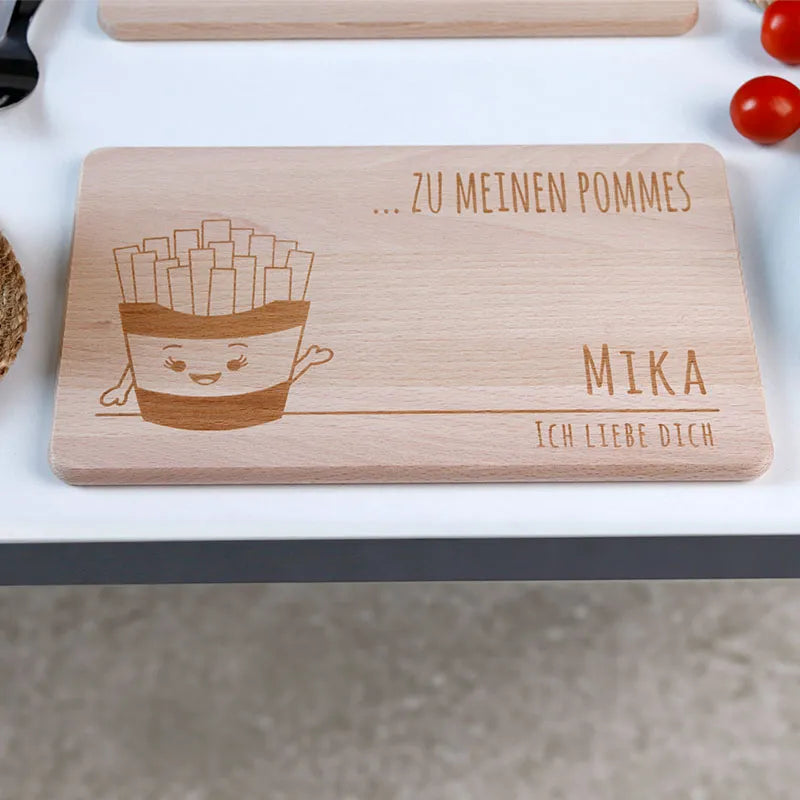 Frühstücksbrettchen mit Gravur Personalisiert - Gravur mit Namen - 2er-Set Pommes & Ketchup | Romantisches  Geschenk für sie und ihn.