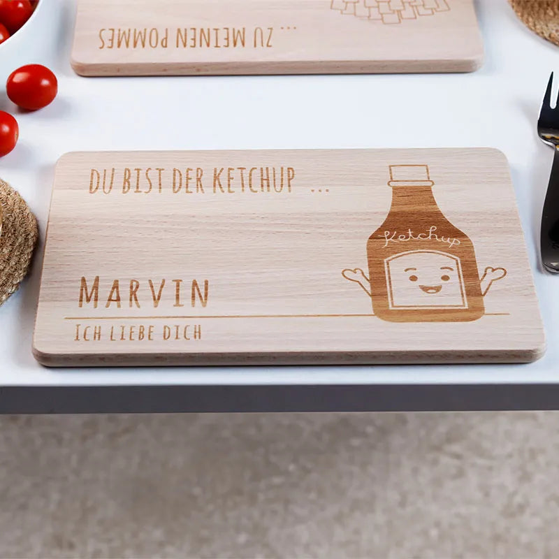 Frühstücksbrettchen mit Gravur Personalisiert - Gravur mit Namen - 2er-Set Pommes & Ketchup | Romantisches  Geschenk für sie und ihn.