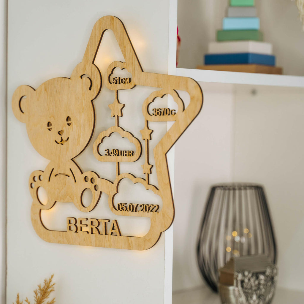 Schlummerlicht Baby mit Namen - Kinder Nachtlicht Personalisiert - Teddybär | LED Holz Lampe Teddy.