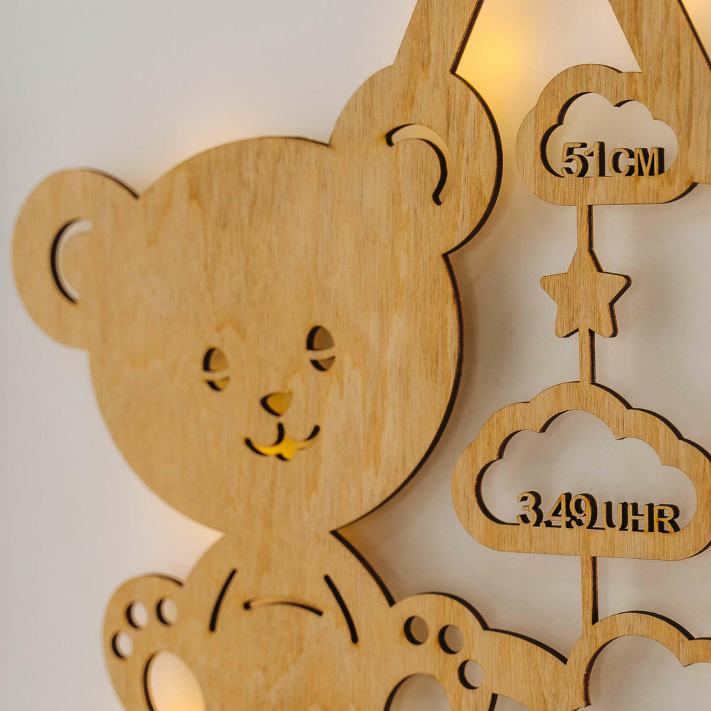 Schlummerlicht Baby mit Namen - Kinder Nachtlicht Personalisiert - Teddybär | LED Holz Lampe Teddy.