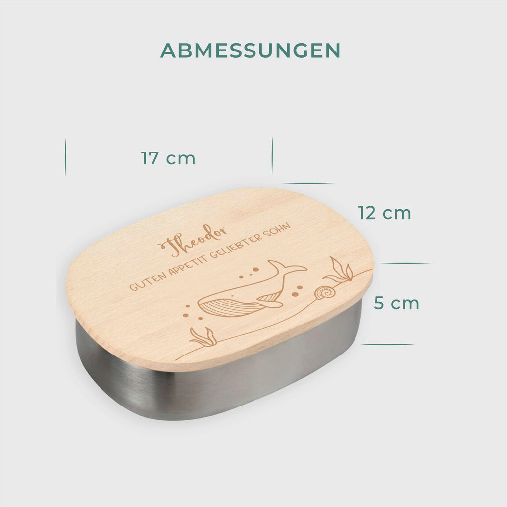 Personalisierte Brotdose Jungen & Mädchen - Edelstahl Lunchbox für Kinder mit Holzdeckel - Wal Motiv - Ocean Serie - Image 3