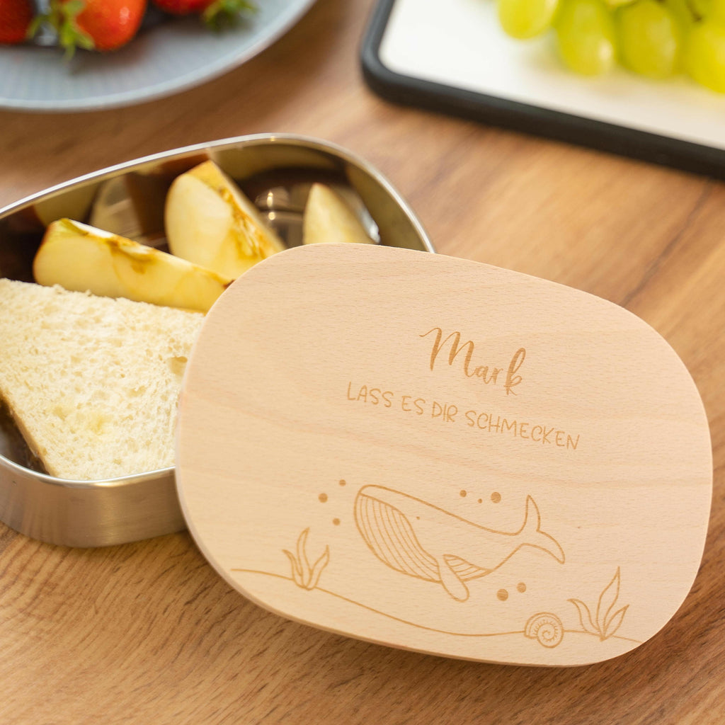 Personalisierte Brotdose Jungen & Mädchen - Edelstahl Lunchbox für Kinder mit Holzdeckel - Wal Motiv - Ocean Serie - Image 4