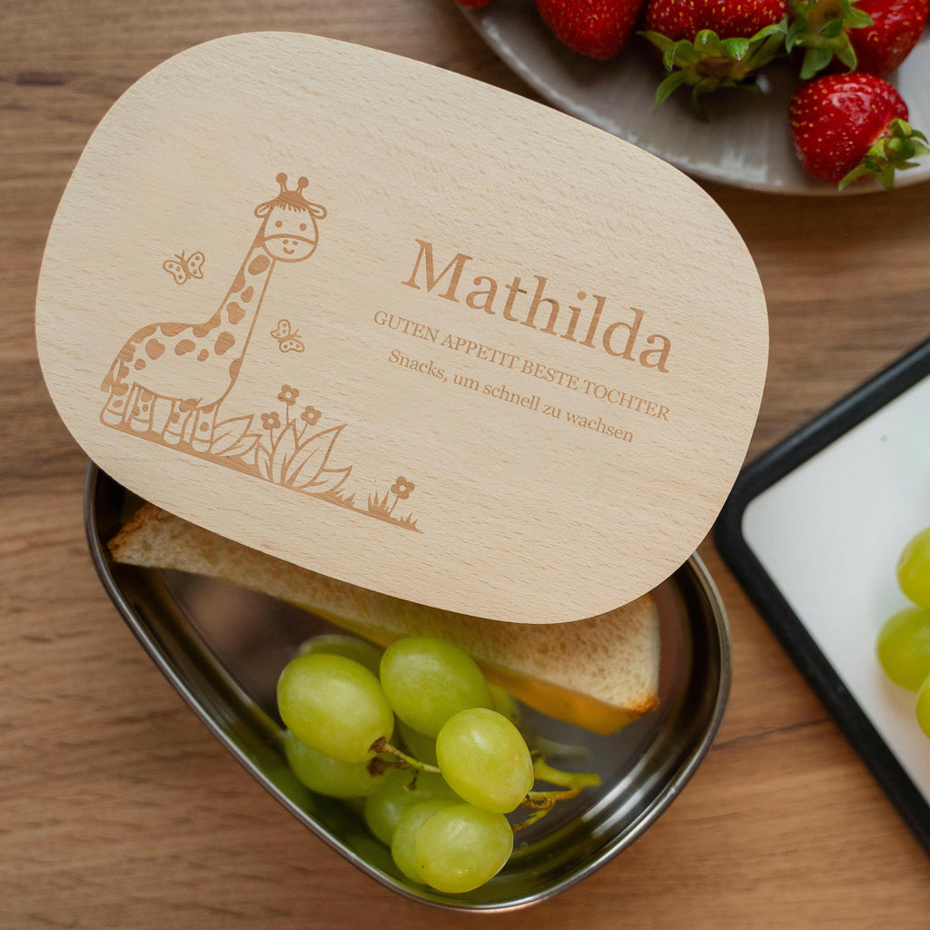 Personalisierte Brotdose für Kinder - Edelstahl Lunchbox Kids mit Holzdeckel - Giraffe Motiv - Image 5