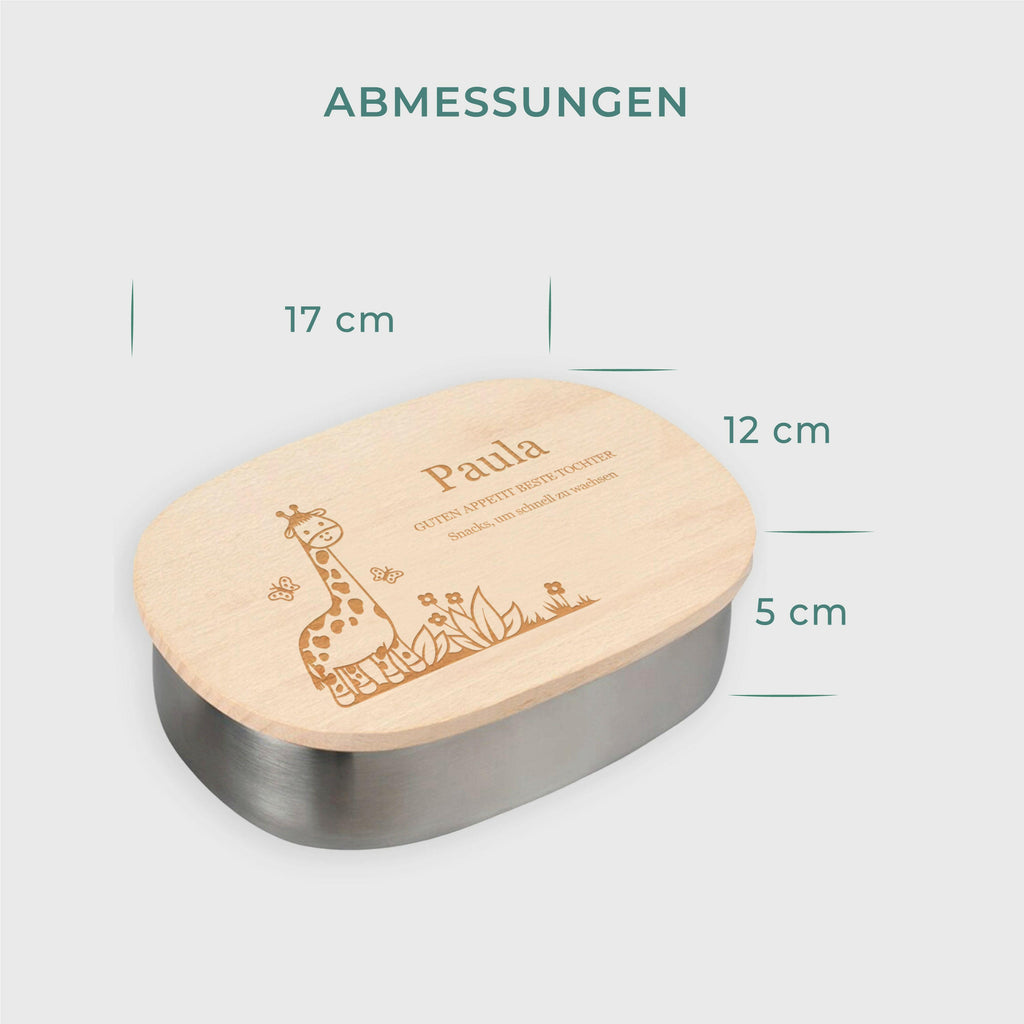 Personalisierte Brotdose für Kinder - Edelstahl Lunchbox Kids mit Holzdeckel - Giraffe Motiv - Image 3