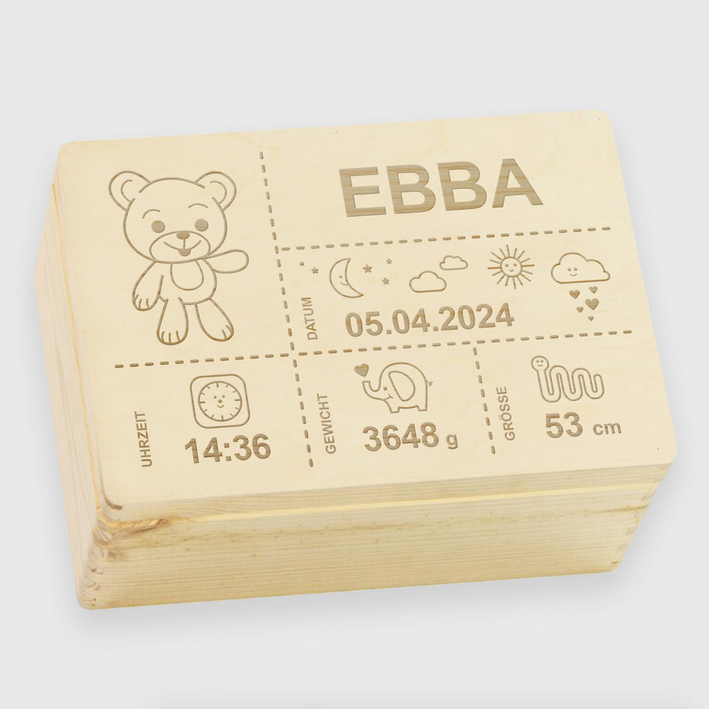 Erinnerungsbox für Baby - Teddybär - Holzkiste zur Geburt - Natur, FSC®️ | Personalisierte Erinnerungskiste als Geschenk, Babykiste - S | M | L | XL.