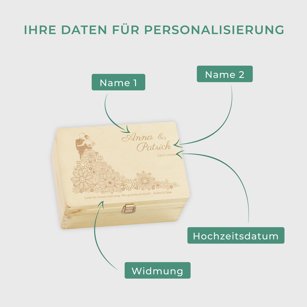 Erinnerungsbox zur Hochzeit - Blumenkleid - Hochzeitskiste personalisiert mit Gravur, Holzkiste Natur, FSC® - Image 3