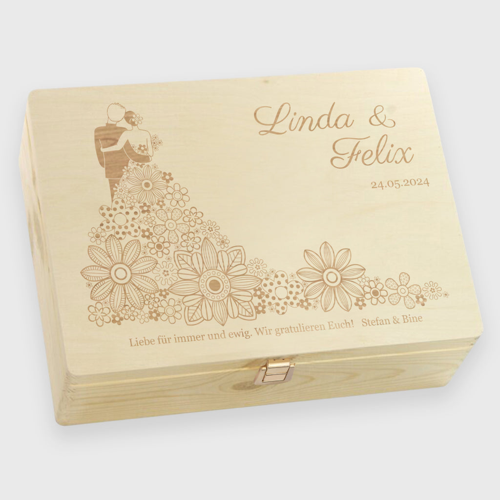 Erinnerungsbox zur Hochzeit - Blumenkleid - Hochzeitskiste personalisiert mit Gravur, Holzkiste Natur, FSC® - Image 14