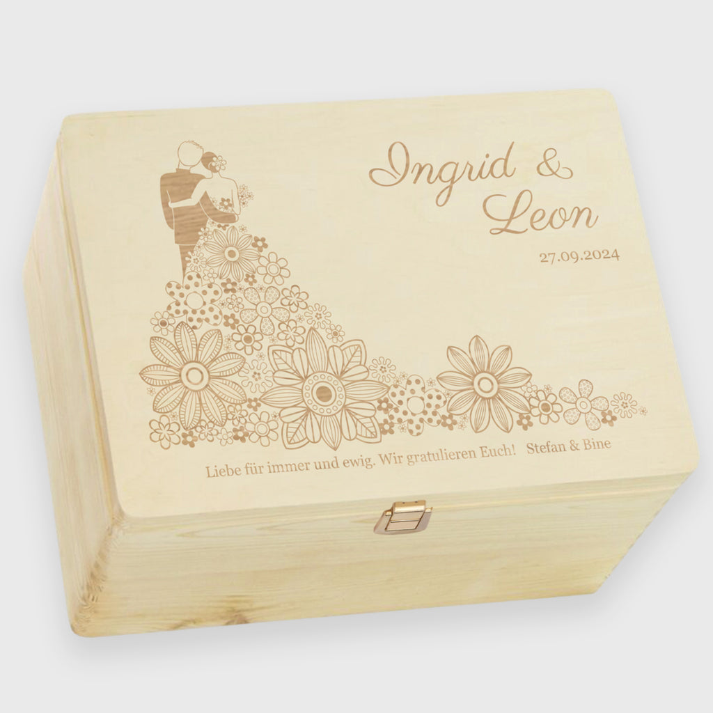 Erinnerungsbox zur Hochzeit - Blumenkleid - Hochzeitskiste personalisiert mit Gravur, Holzkiste Natur, FSC® - Image 15