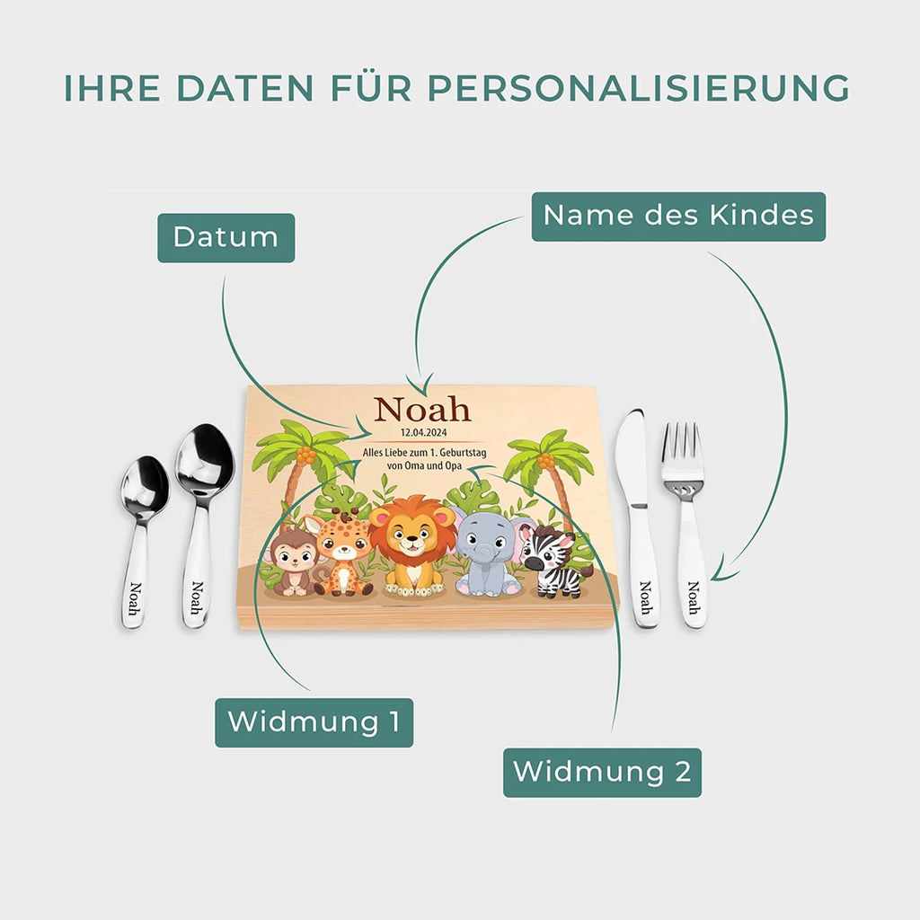 Kinderbesteck personalisiert mit Namen - Besteckset Safari Motiv - Image 3