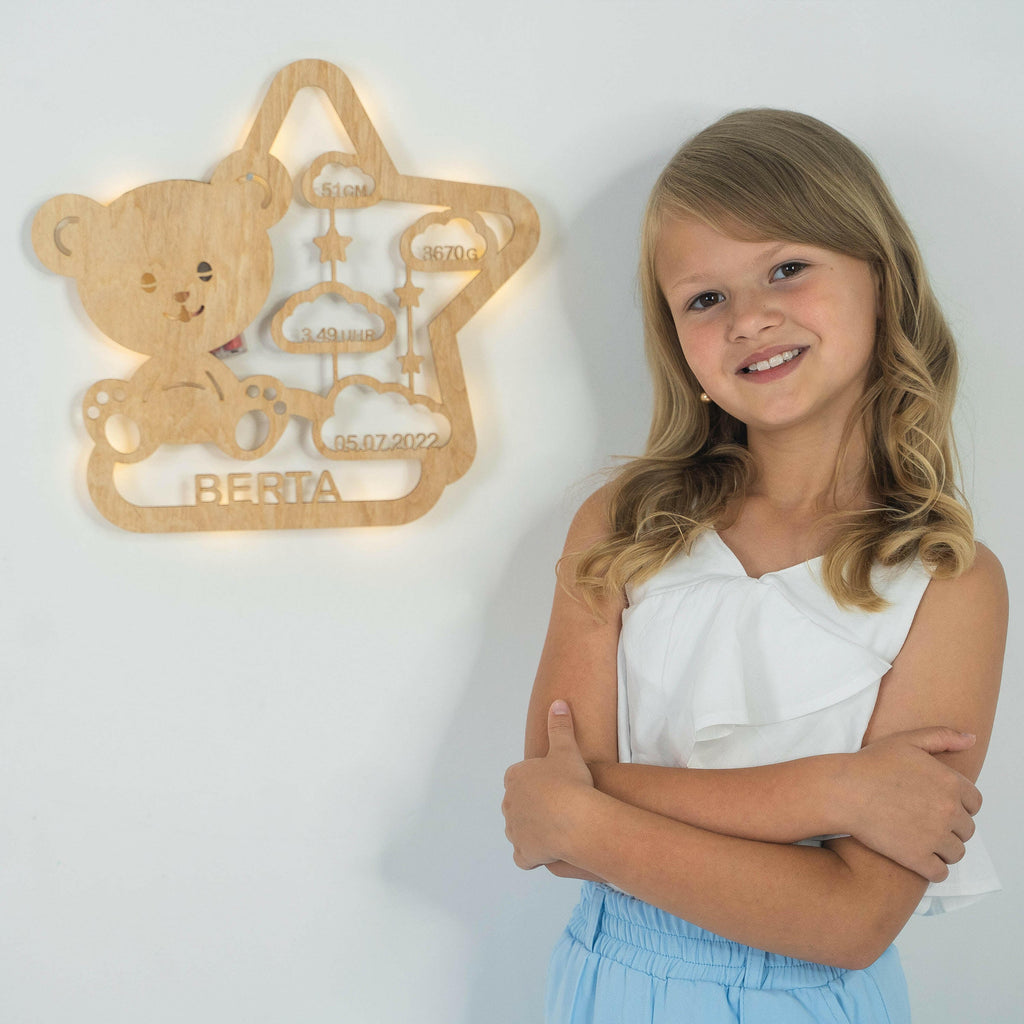 Schlummerlicht Baby mit Namen - Kinder Nachtlicht Personalisiert - Teddybär | LED Holz Lampe Teddy.