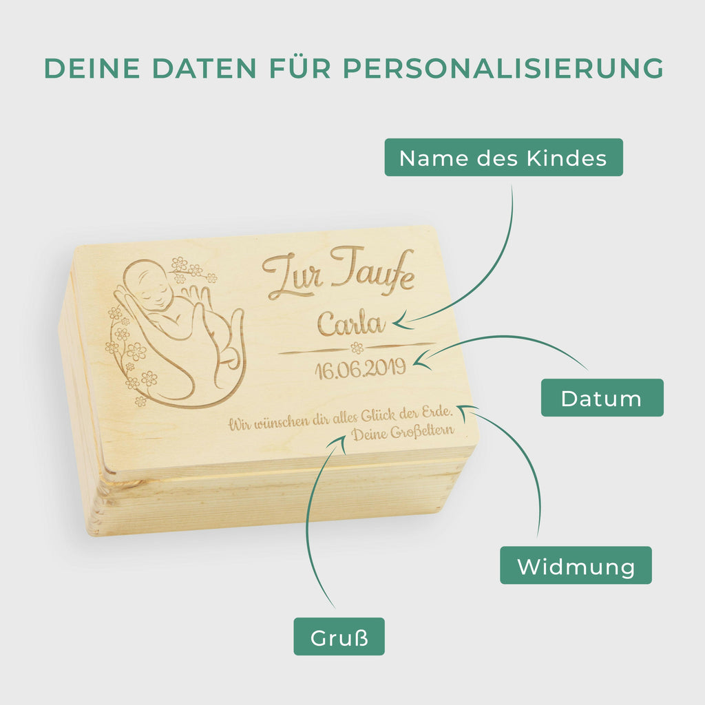 Personalisierte Erinnerungsbox als Taufgeschenk - Blumenbaby - Holzkiste, Natur, FSC® - Image 3