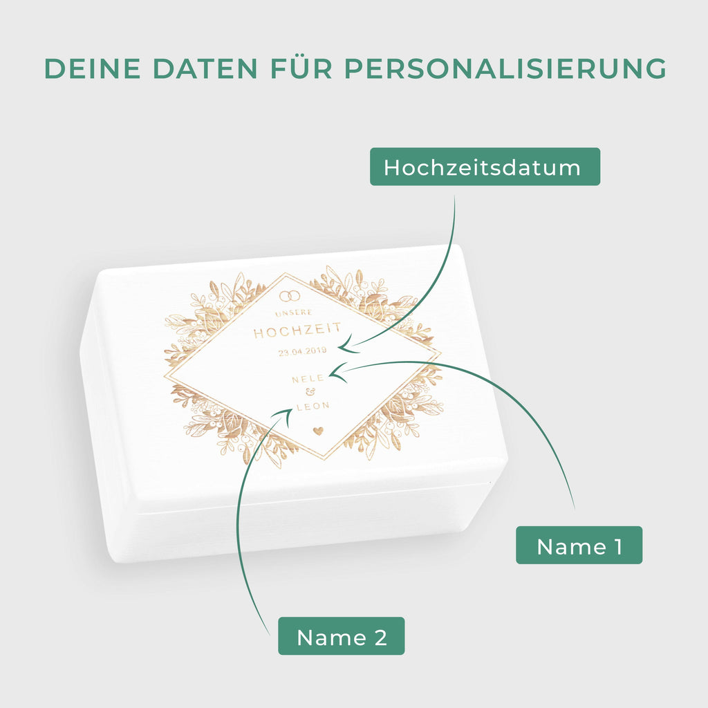 Erinnerungsbox zur Hochzeit - Florale Raute - Hochzeitskiste personalisiert mit Gravur - Holzkiste Weiß, FSC® - Image 3