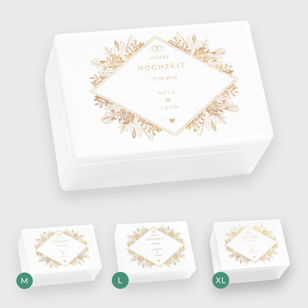 Erinnerungsbox zur Hochzeit - Florale Raute - Hochzeitskiste personalisiert mit Gravur - Holzkiste Weiß, FSC® - Image 5